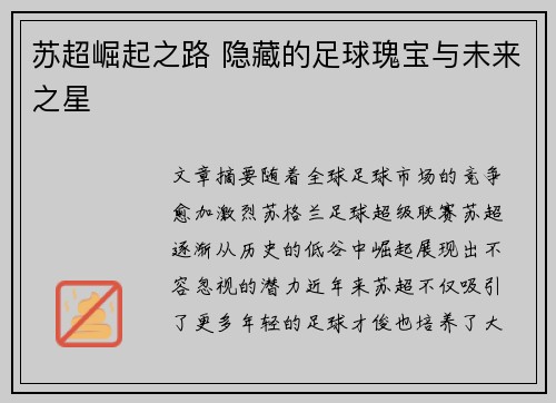 苏超崛起之路 隐藏的足球瑰宝与未来之星